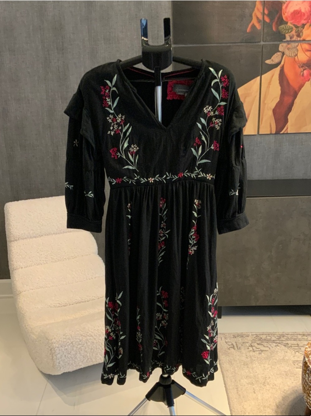 Anthropologie Black Long-Sleeve Floral Embroidered Midi Dress 4